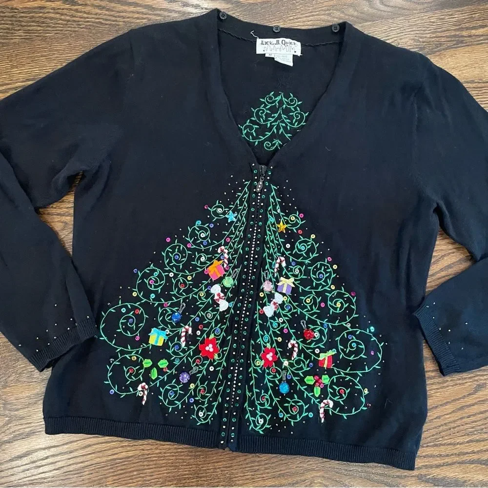 JACK B. QUICK Vintage Ugly Christmas Holiday Sweater Sparkly Zip Up Cardigan